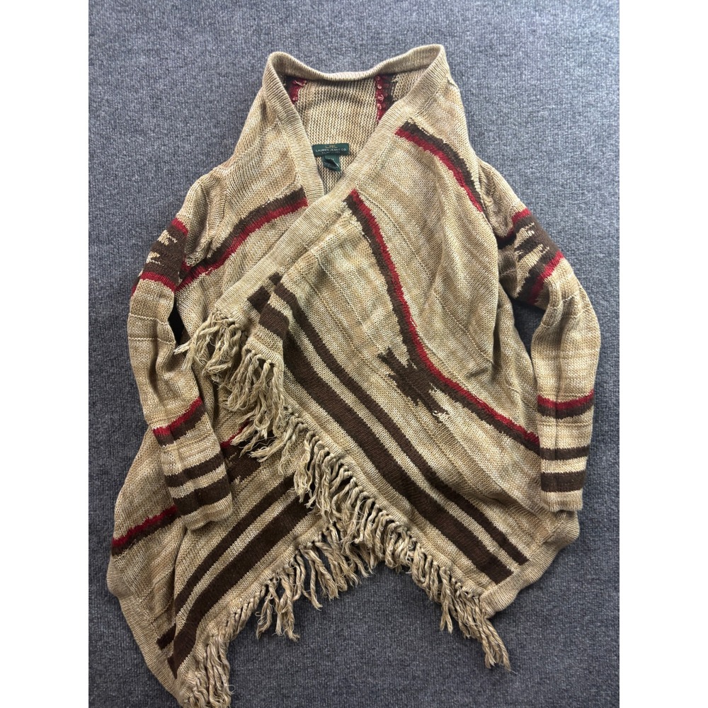 Lauren Jeans Co Cardigan Women S/M Tan Southwestern Fringe Draped Linen Blend